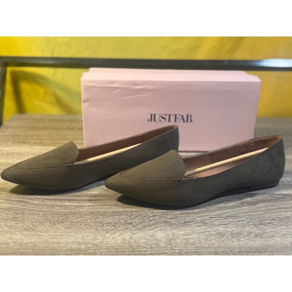 JustFab Nessandra Olive Green Pointed Toe Flats Faux Suede Loafers Womens 10
